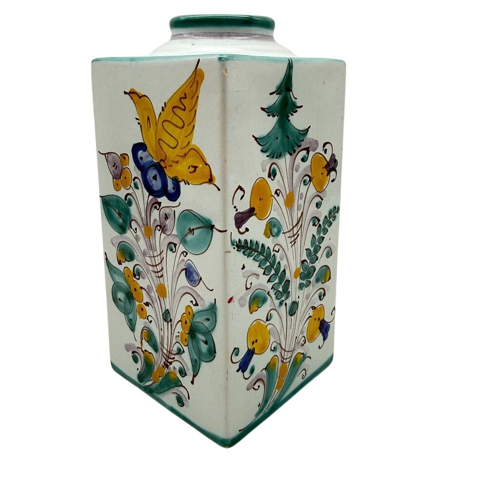 Italian Mid Century Hand Painted Ceramic Floral Butterfly Vase 4-Sided Signed